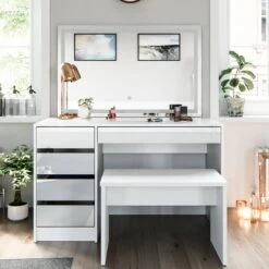 Coiffeuse Sherry Avec Miroir LED Et Banc -Promos Meubles Boutique 17094425f7594b40bd6c358d4a78ee92